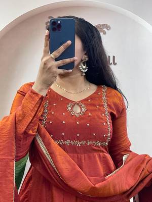 orange silk embroidered festive anarkali suit 2