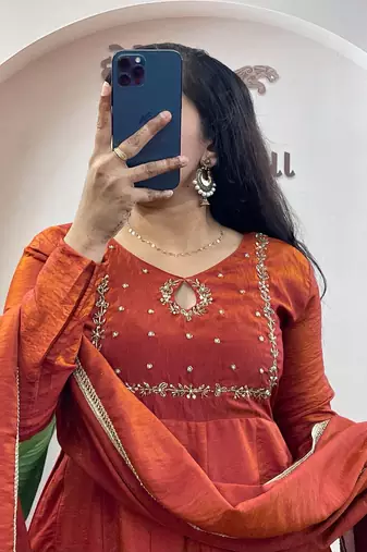 orange silk embroidered festive anarkali suit