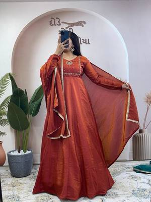 orange silk embroidered festive anarkali suit 3