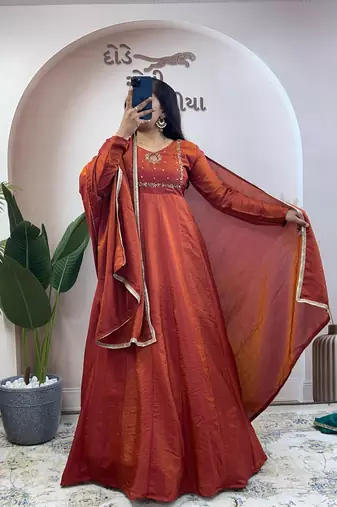 orange silk embroidered festive anarkali suit