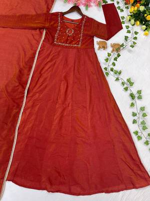orange silk embroidered festive anarkali suit 4