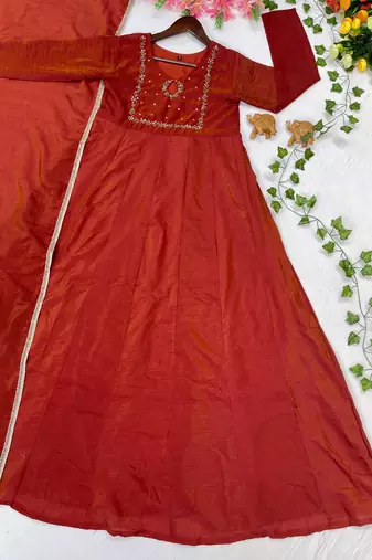 orange silk embroidered festive anarkali suit