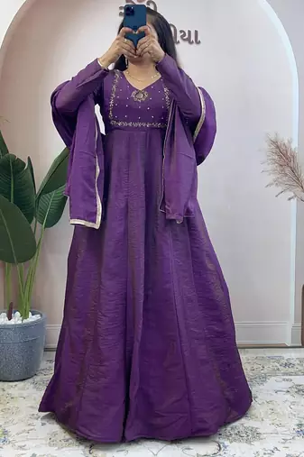 purple silk embroidered festive anarkali suit