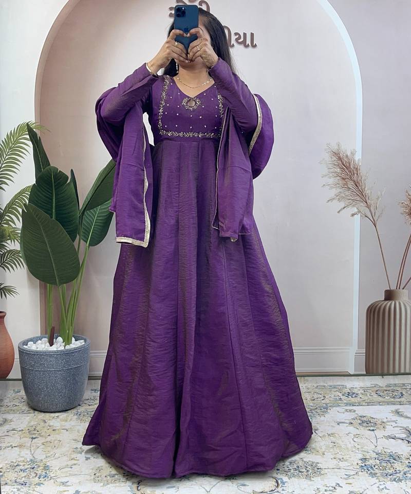 purple silk embroidered festive anarkali suit