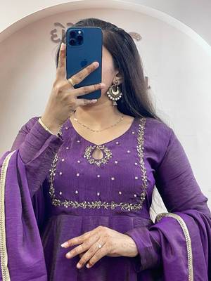 purple silk embroidered festive anarkali suit 2