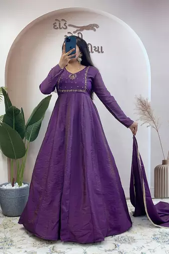 purple silk embroidered festive anarkali suit