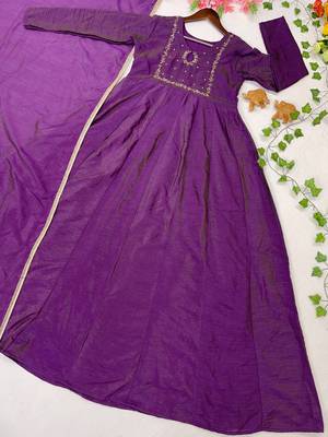purple silk embroidered festive anarkali suit 4