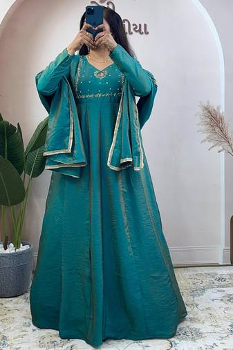 teal silk embroidered festive anarkali suit