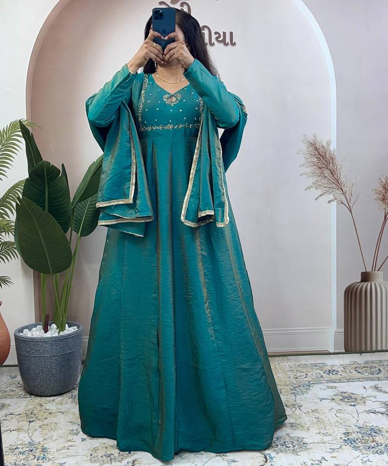 teal silk embroidered festive anarkali suit
