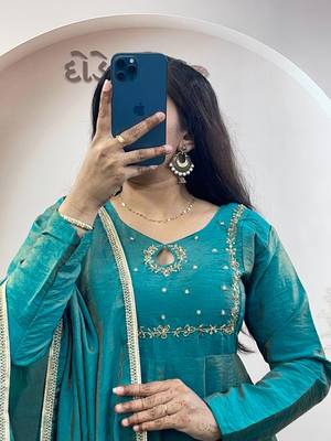 teal silk embroidered festive anarkali suit 2