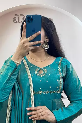 teal silk embroidered festive anarkali suit
