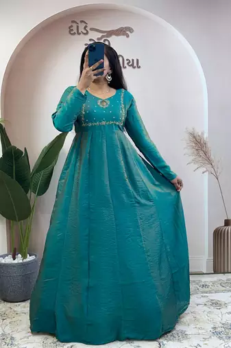 teal silk embroidered festive anarkali suit