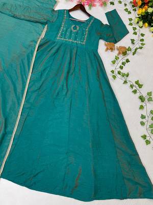 teal silk embroidered festive anarkali suit 4