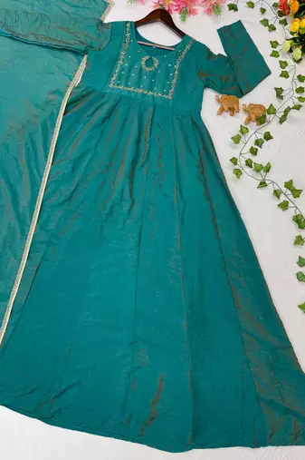 teal silk embroidered festive anarkali suit
