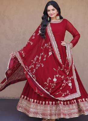 Deep red georgette anarkali gown suit 1