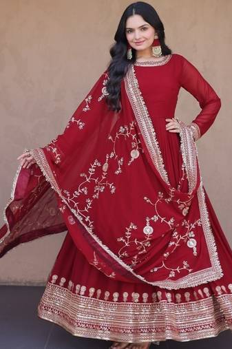 Deep red georgette anarkali gown suit