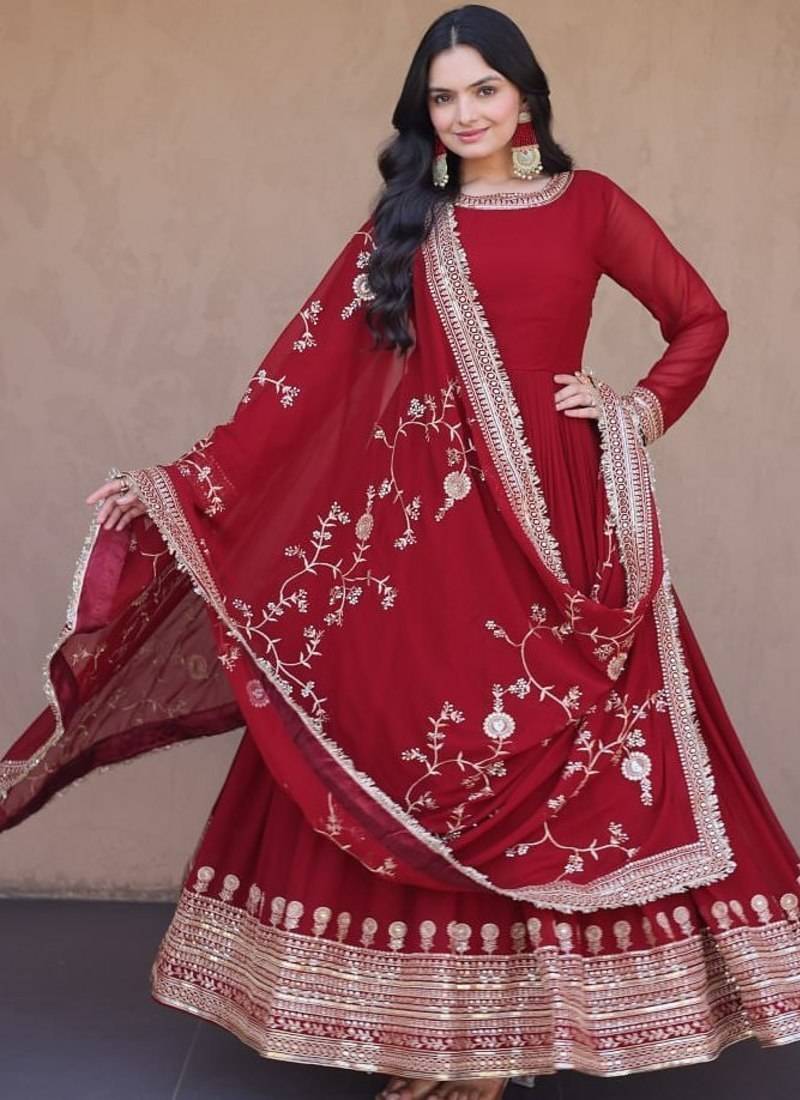 Deep red georgette anarkali gown suit