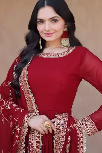 Deep red georgette anarkali gown suit
