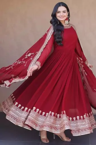 Deep red georgette anarkali gown suit