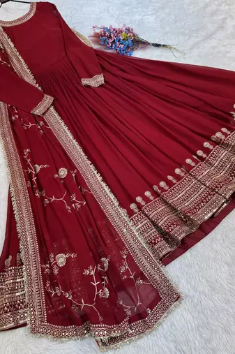 Deep red georgette anarkali gown suit