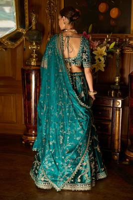 Teal Embroidered Velvet Lehenga 5