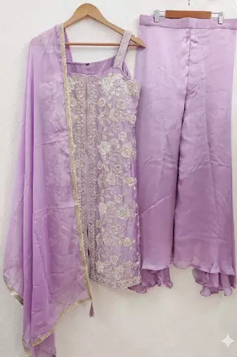 Lavender purple zari embroidered kurta set with palazzo and dupatta