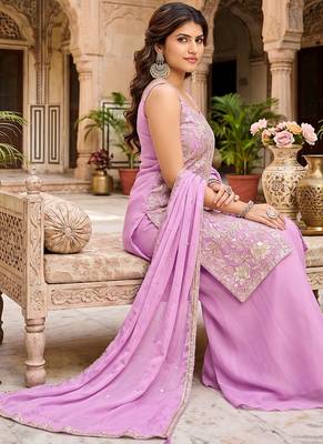 Lavender purple zari embroidered kurta set with palazzo and dupatta 1