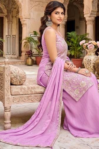 Lavender purple zari embroidered kurta set with palazzo and dupatta