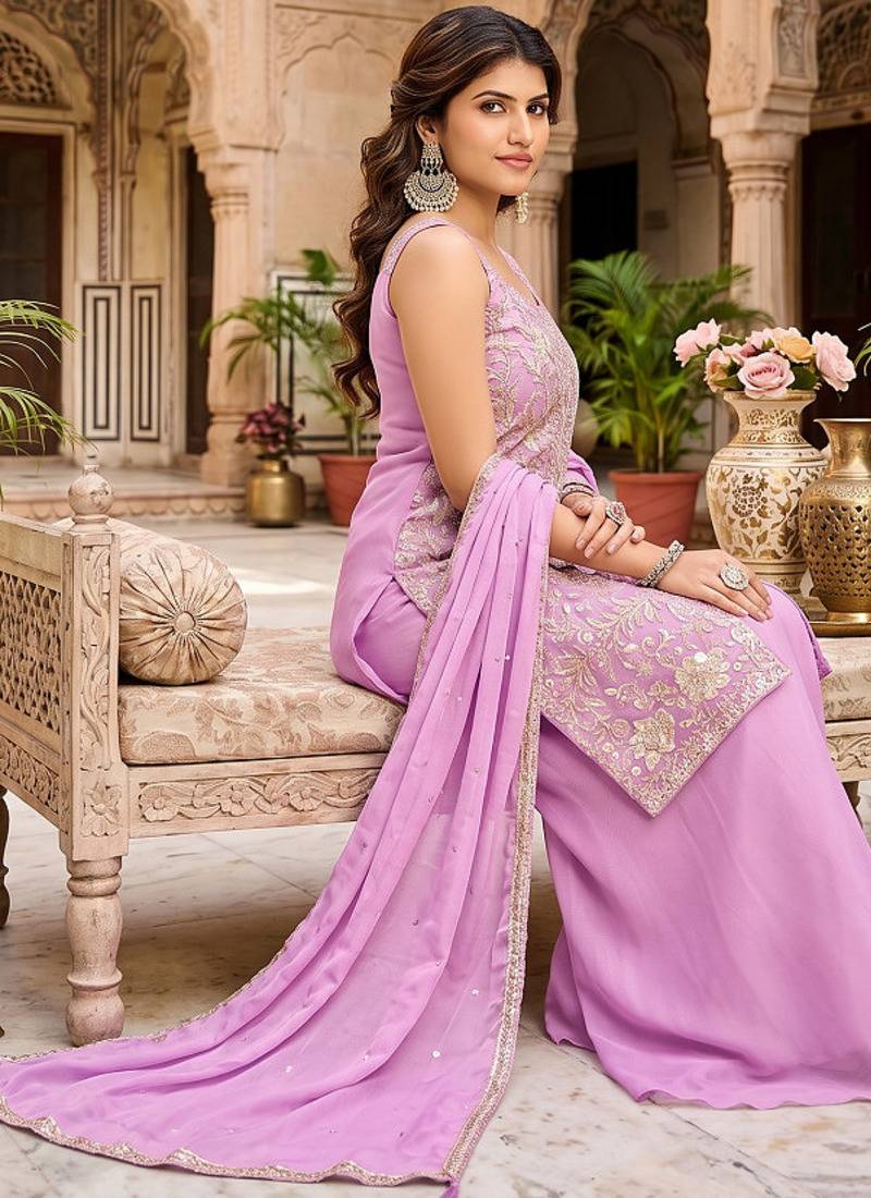 Lavender purple zari embroidered kurta set with palazzo and dupatta