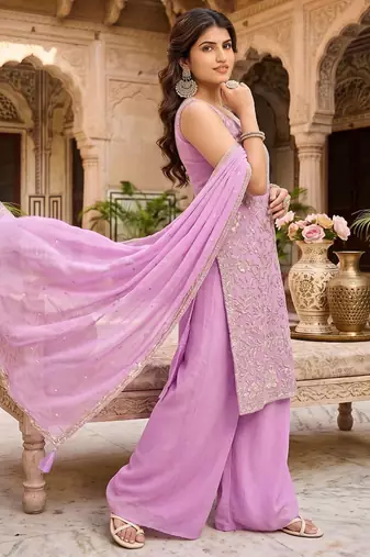 Lavender purple zari embroidered kurta set with palazzo and dupatta