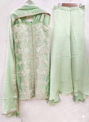 Pista green embroidered organza kurta set with palazzo and dupatta 2