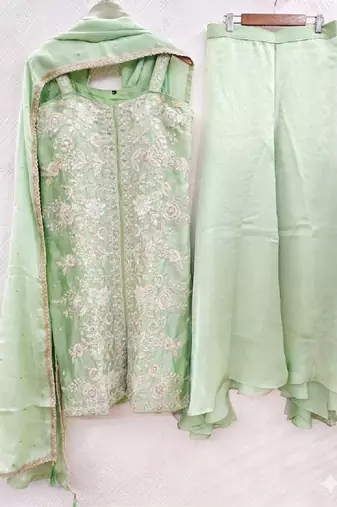 Pista green embroidered organza kurta set with palazzo and dupatta