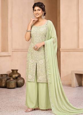 Pista green embroidered organza kurta set with palazzo and dupatta 1