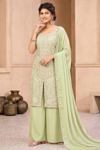 Pista green embroidered organza kurta set with palazzo and dupatta