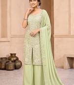 Pista green embroidered organza kurta set with palazzo and dupatta