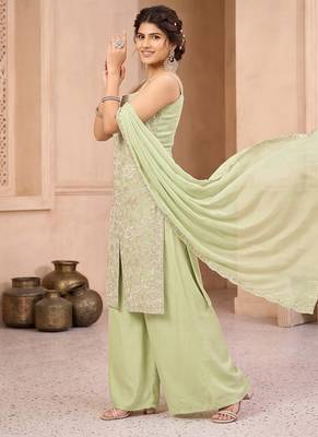 Pista green embroidered organza kurta set with palazzo and dupatta 3