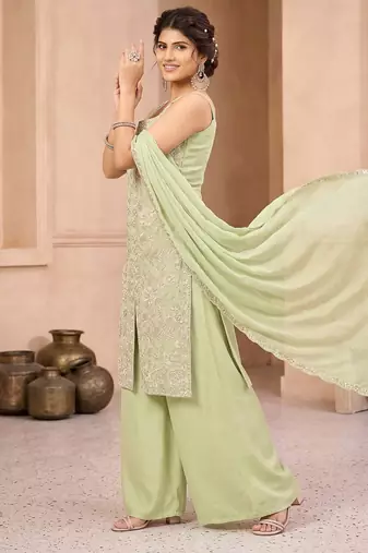 Pista green embroidered organza kurta set with palazzo and dupatta