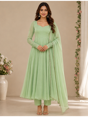 Olive georgette plain gown set 2