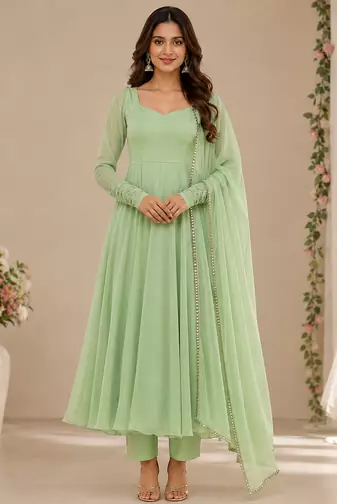 Olive georgette plain gown set