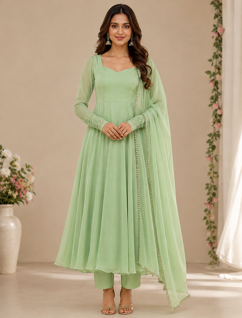 Olive georgette plain gown set
