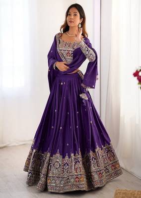 Wine Embroidered Silk Lehenga Choli with Heavy Golden Threadwork & Dupatta 1