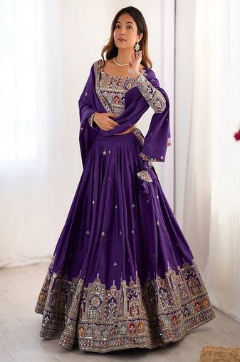 Wine Embroidered Silk Lehenga Choli with Heavy Golden Threadwork & Dupatta