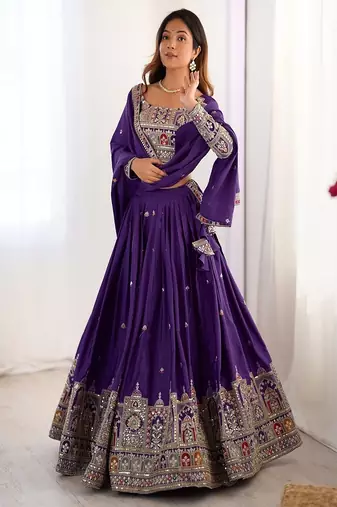 Wine Embroidered Silk Lehenga Choli with Heavy Golden Threadwork & Dupatta