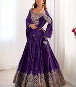 Wine Embroidered Silk Lehenga Choli with Heavy Golden Threadwork & Dupatta