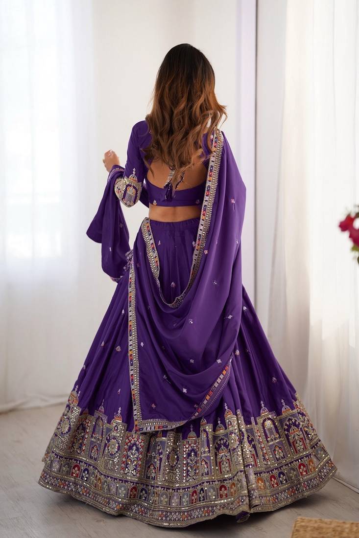 Wine Embroidered Silk Lehenga Choli with Heavy Golden Threadwork & Dupatta