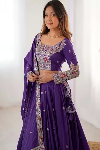 Wine Embroidered Silk Lehenga Choli with Heavy Golden Threadwork & Dupatta