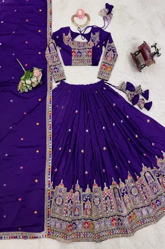 Wine Embroidered Silk Lehenga Choli with Heavy Golden Threadwork & Dupatta