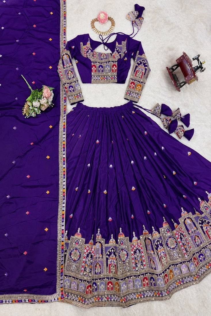 Wine Embroidered Silk Lehenga Choli with Heavy Golden Threadwork & Dupatta