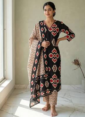 Black staright cotton kurta pant with dupatta 1