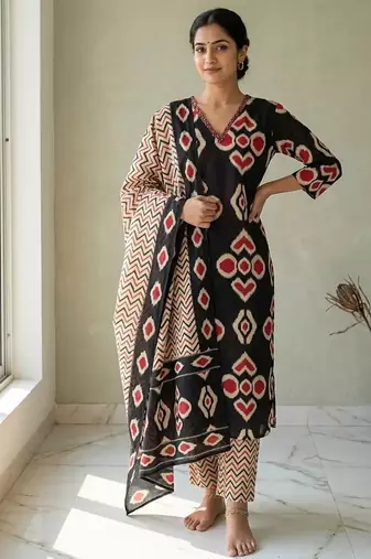 Black staright cotton kurta pant with dupatta